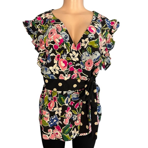 3/$30 🍂 Odille Anthropologie Floral Silk Cap Sleeve Wrap Shirt Multicolor - Picture 1 of 9